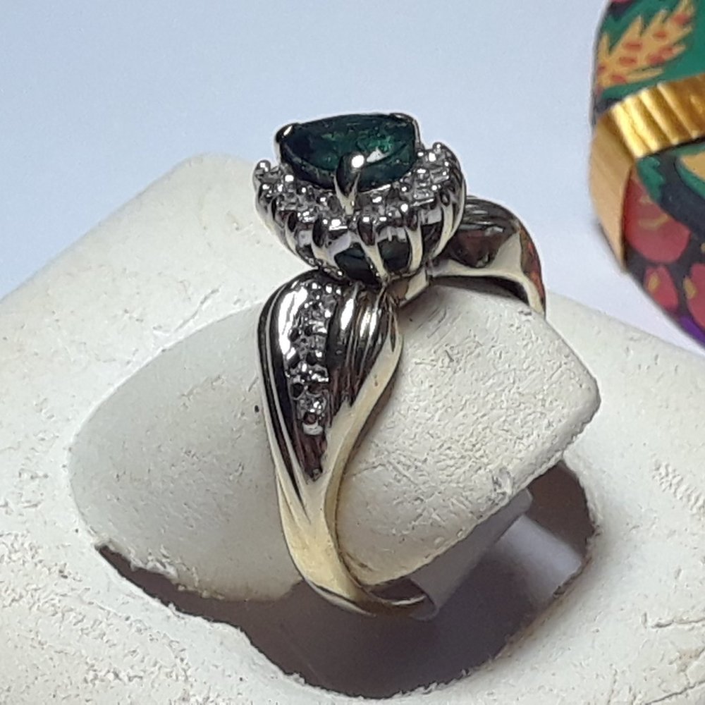 Estate 1.15cttw Natural Pear Cut Emerald &Halo Diamond shrimp 10Kt YG Ring#17201 - Picture 3 of 5